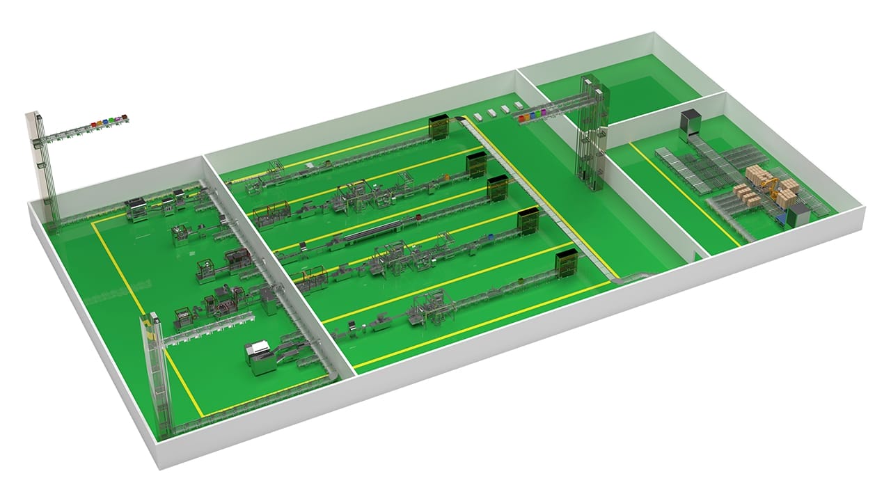 Emulsion Line, Cigarette Packer, Case Packer, Case Sealer, Palletizer Project 3D drawing